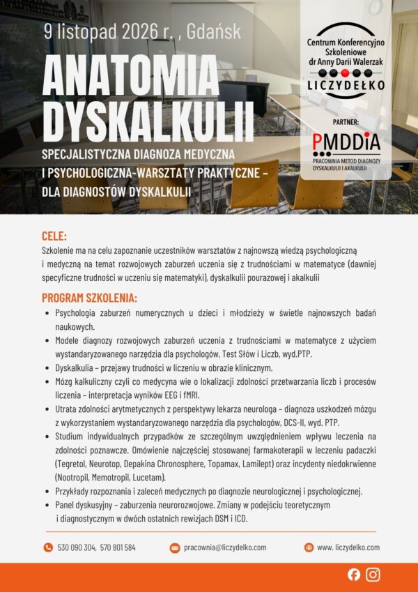 ANATOMIA DYSKALKULII: specjalistyczna diagnoza medyczna i psychologiczna-warsztaty praktyczne 8h