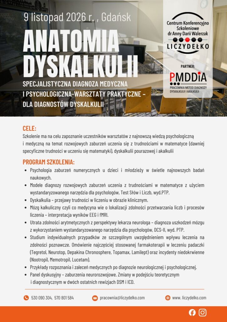 ANATOMIA DYSKALKULII: specjalistyczna diagnoza medyczna i psychologiczna-warsztaty praktyczne 8h